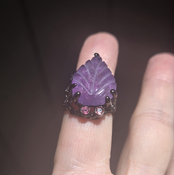Amethyst 12k leaf & Rhodalite sterling & rhodium ring sz7 - Picture 6 of 10